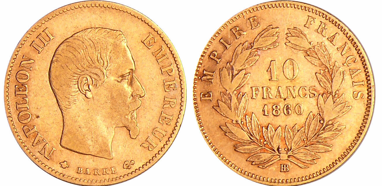 Francia, Napoleone III, 10 Franchi 1860 BB (Strasburgo) SPL